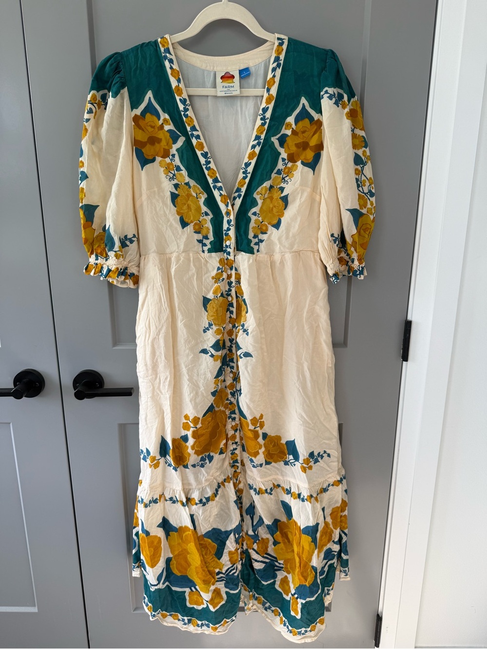 FARM Rio x Anthropologie Puff Sleeve Floral Midi Dress L - Picture 4 of 8